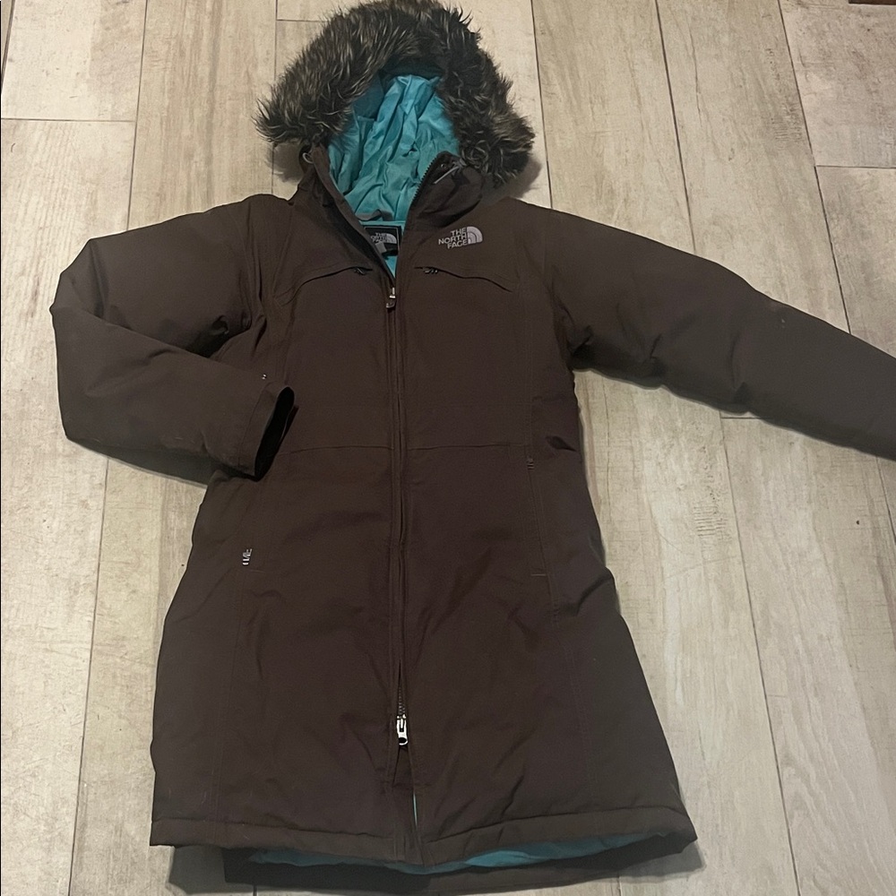 The North Face Chocolate Brown Coat with Teal Lining